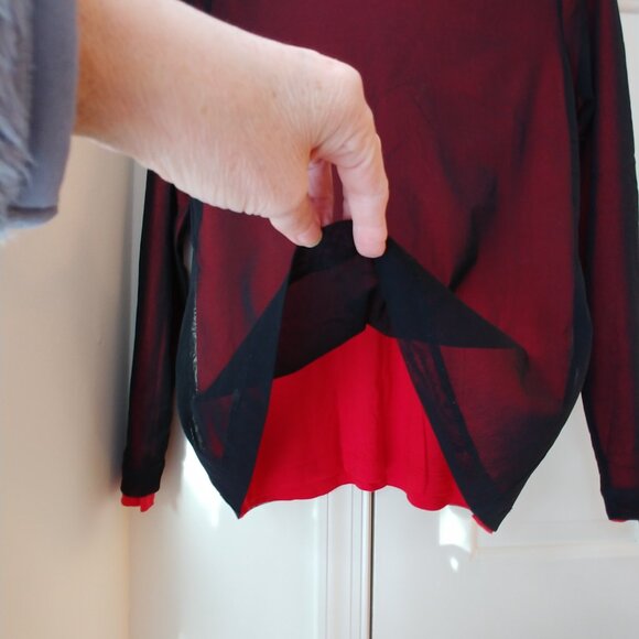 🔴 Calvin Klein Petites sz PM Double Layered Red Black Mesh Top Blouse Stretch - Picture 8 of 16